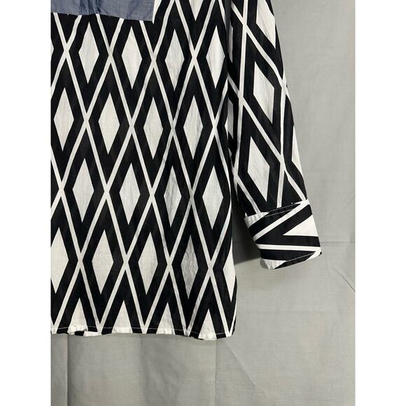 J Crew Tunic Top Womens Small Black White Bib V Neck Lightweight Diamond Boho - Picture 7 of 9